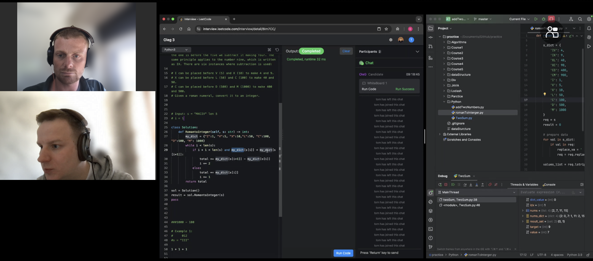 Live coding interview practice session: shared LeetCode editor with solution code, coach and student on video call with real-time feedback