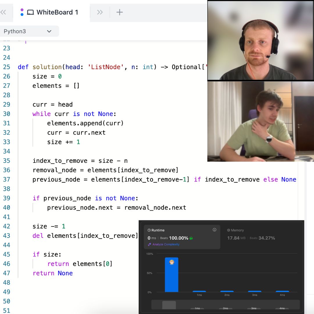 Live coding interview practice: shared whiteboard with Python linked-list code, video feeds of coach and student, and runtime results
