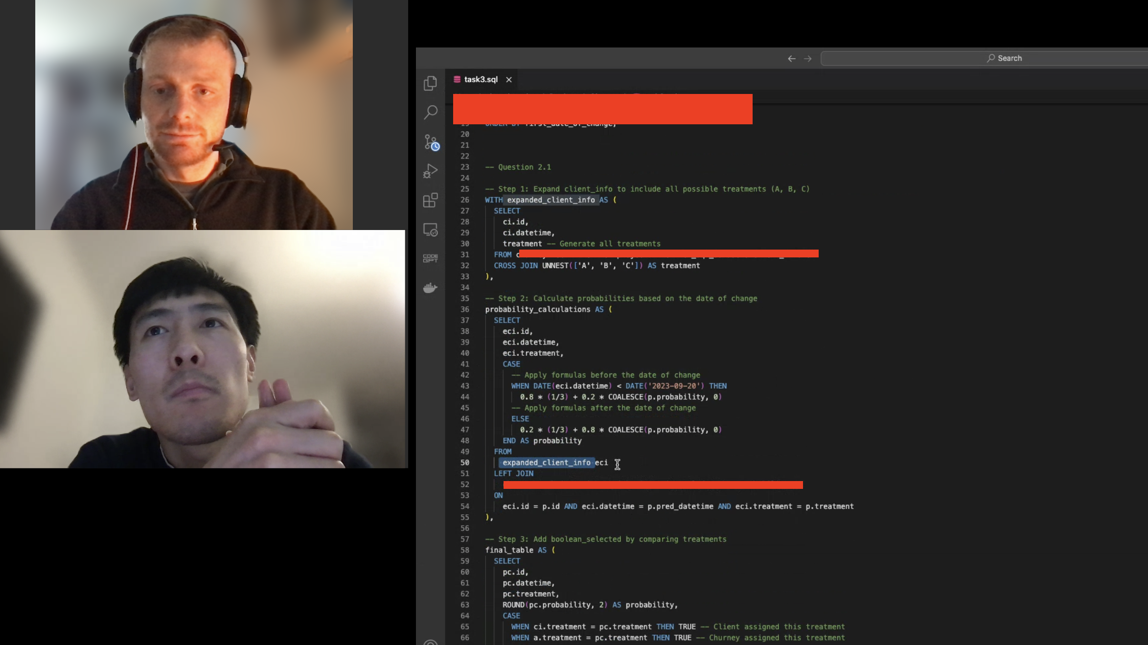 SQL coaching session: coach and student on video while working through a multi-step SQL query in VS Code